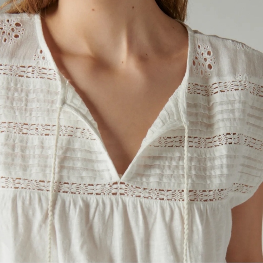 Lucky Brand Schiffley notch neck top Hippie vintage vibes cotton tassel - Picture 2 of 13